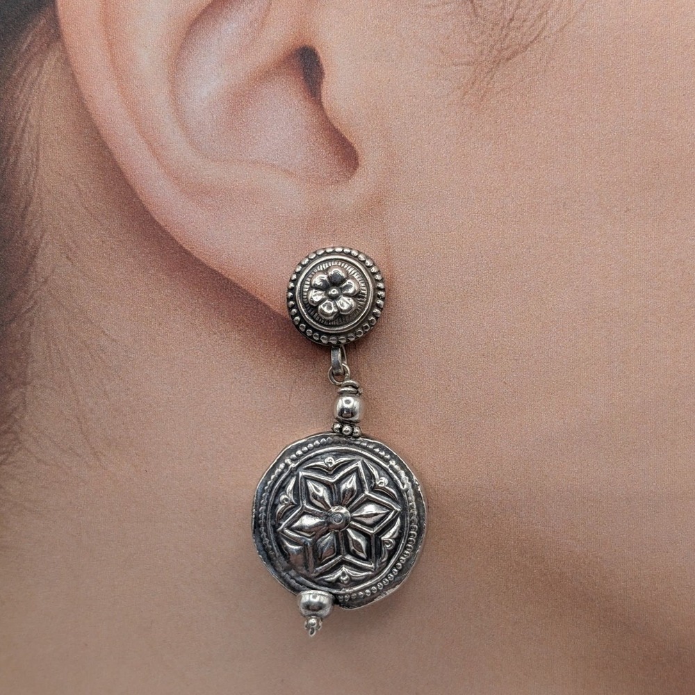 Vintage Sterling Silver 925 Repousse Star Floral Drop Dangle Earrings 15.1g